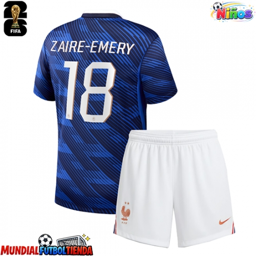 Camiseta Francia Warren Zaire-Emery #18 Primera Equipación Replica Mundial 2026 para niños mangas cortas (+ Pantalones cortos)